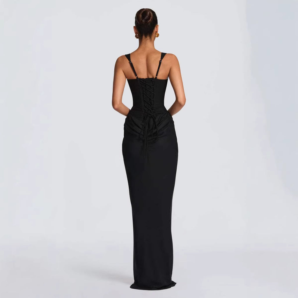 Back view of Women's Strapless Sleeveless Sheath Maxi Dress in black, showcasing a slim fit and elegant silhouette.