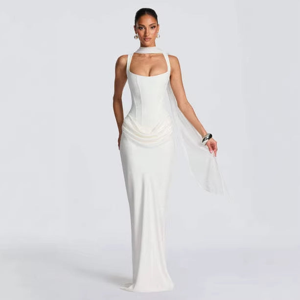 Women's Strapless Sleeveless Sheath Maxi Dress in white, featuring a slim fit hip hugging skirt and elegant design.