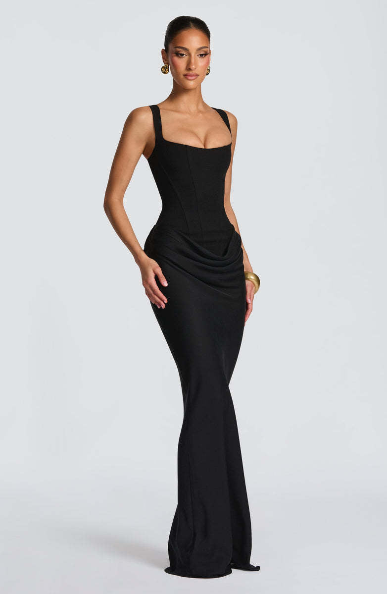 Women's Strapless Sleeveless Sheath Maxi Dress in black on a model.