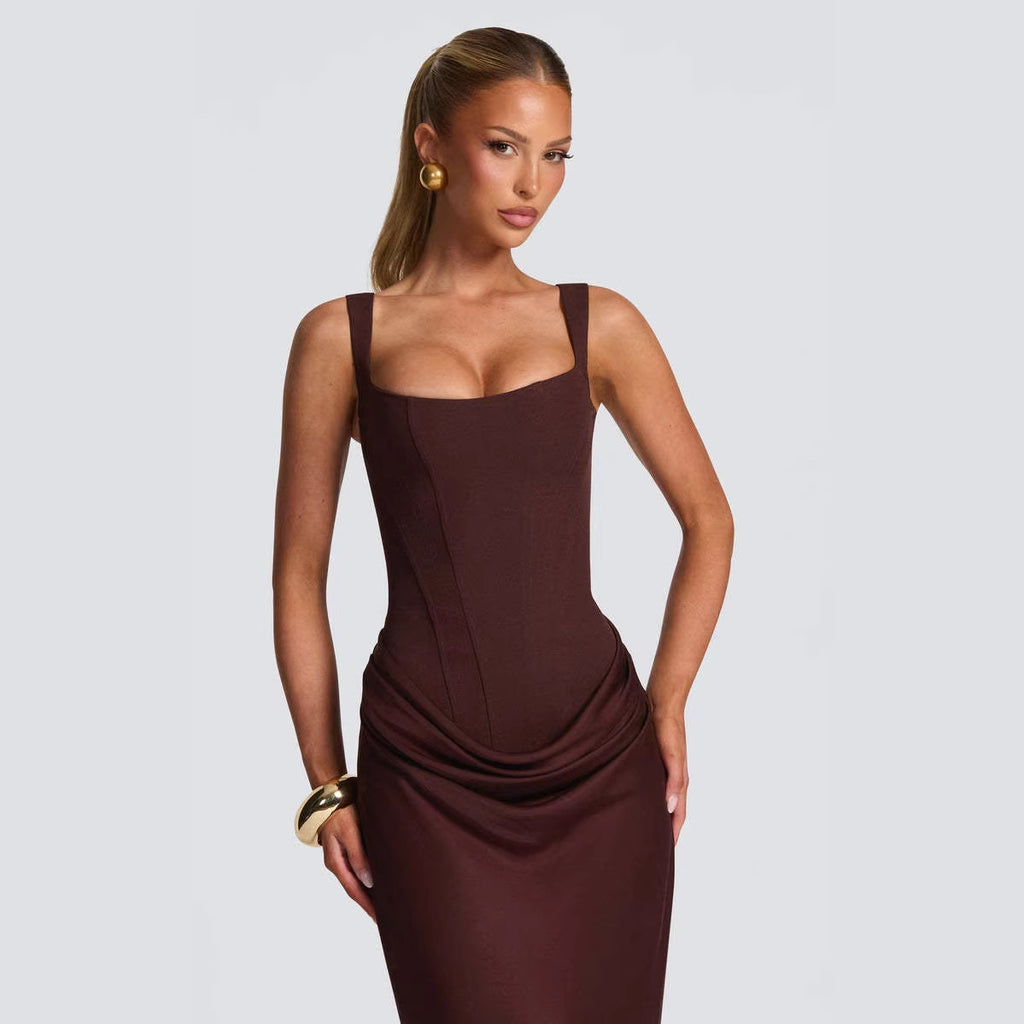 Women's Strapless Sleeveless Sheath Maxi Dress in burgundy on a model, showcasing a slim fit hip hugging design.